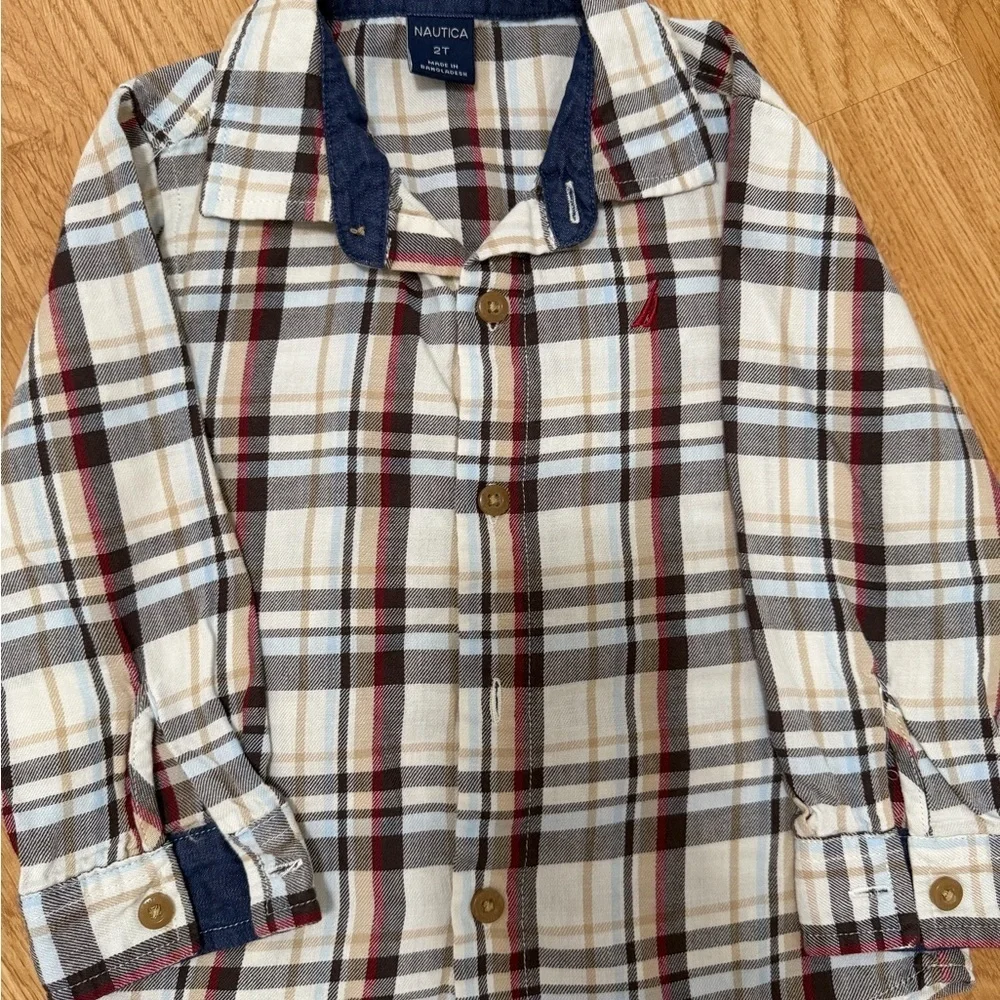 Nautica Red T-Shirt and Plaid Shirt with Brown Pants Set (Size 2T)